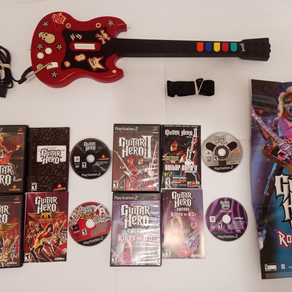 Ps2 Playstation 2 II Guitar Hero Controller Bundle 4 Games, Strap and Poster